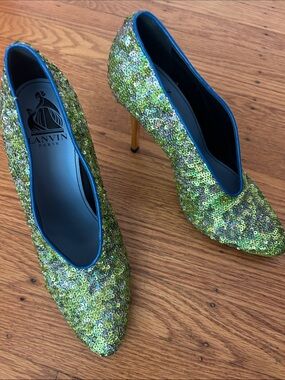 Lanvin Green Sequin Pointed Toe Stiletto Pumps with Blue Trim